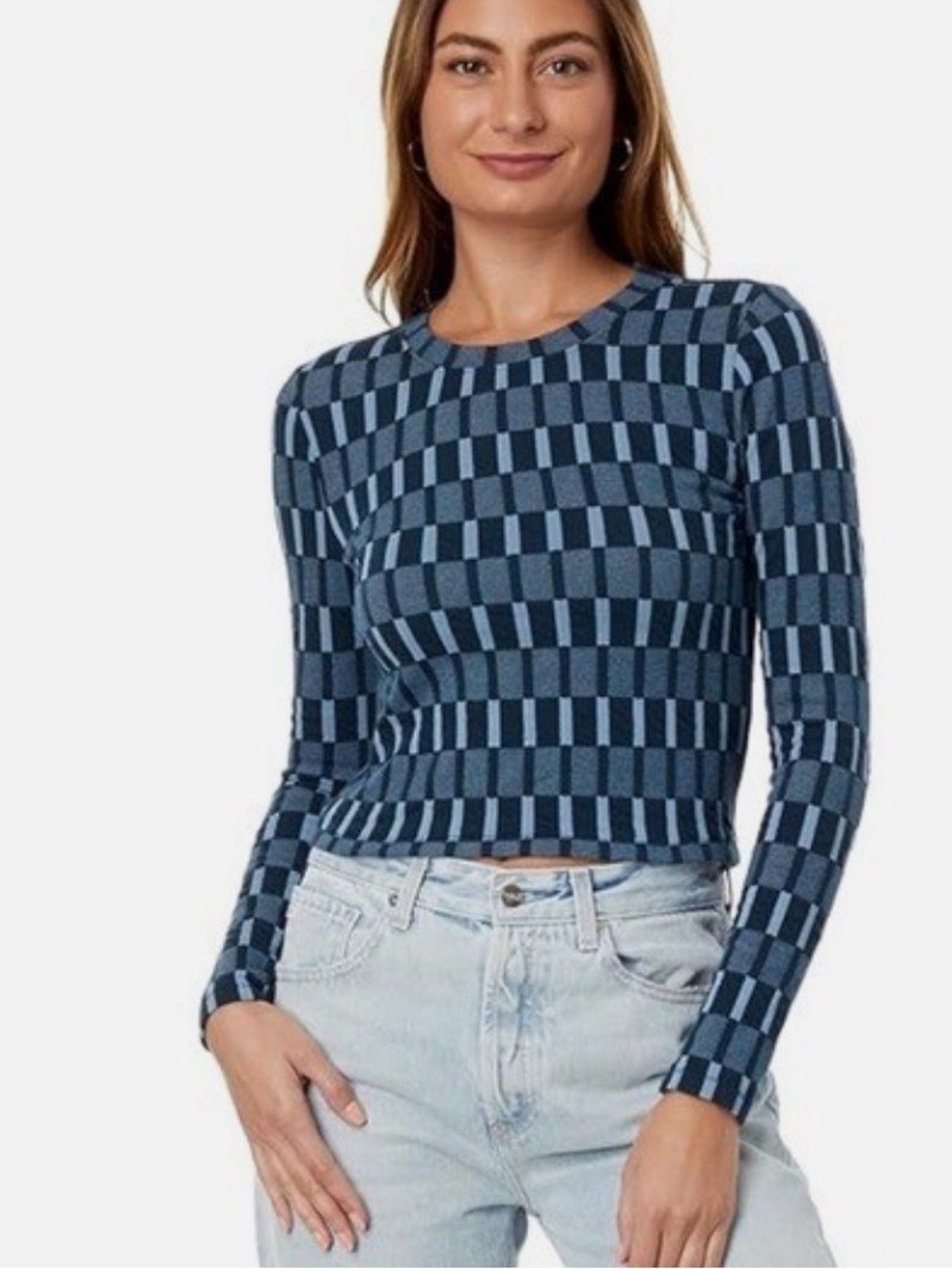 Madewell Fine Ribbed Supercrop Crewneck Long-Sleeve Tee Women's Size XS Blue
